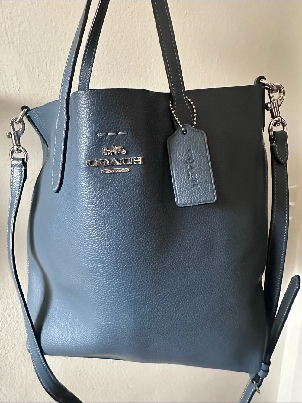 COACH THEA BAG Soft Pebbled Leather Tote Denim Blue Silver Hardware NEVER USED - Picture 1 of 11